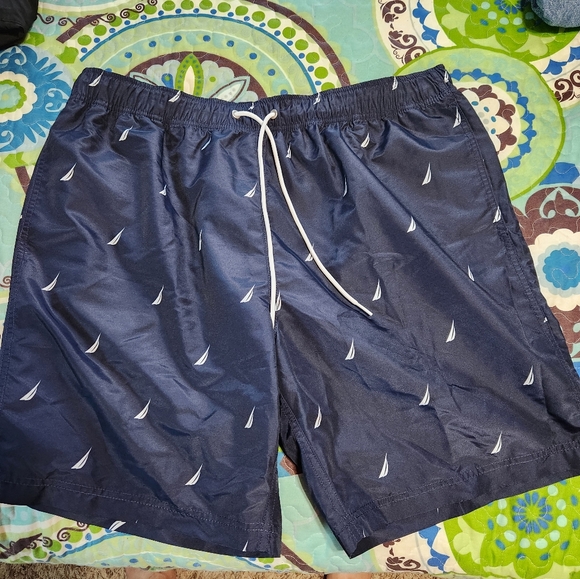 Nautica Navy Blue Swim Shorts with Sailboat Print - Picture 2 of 9